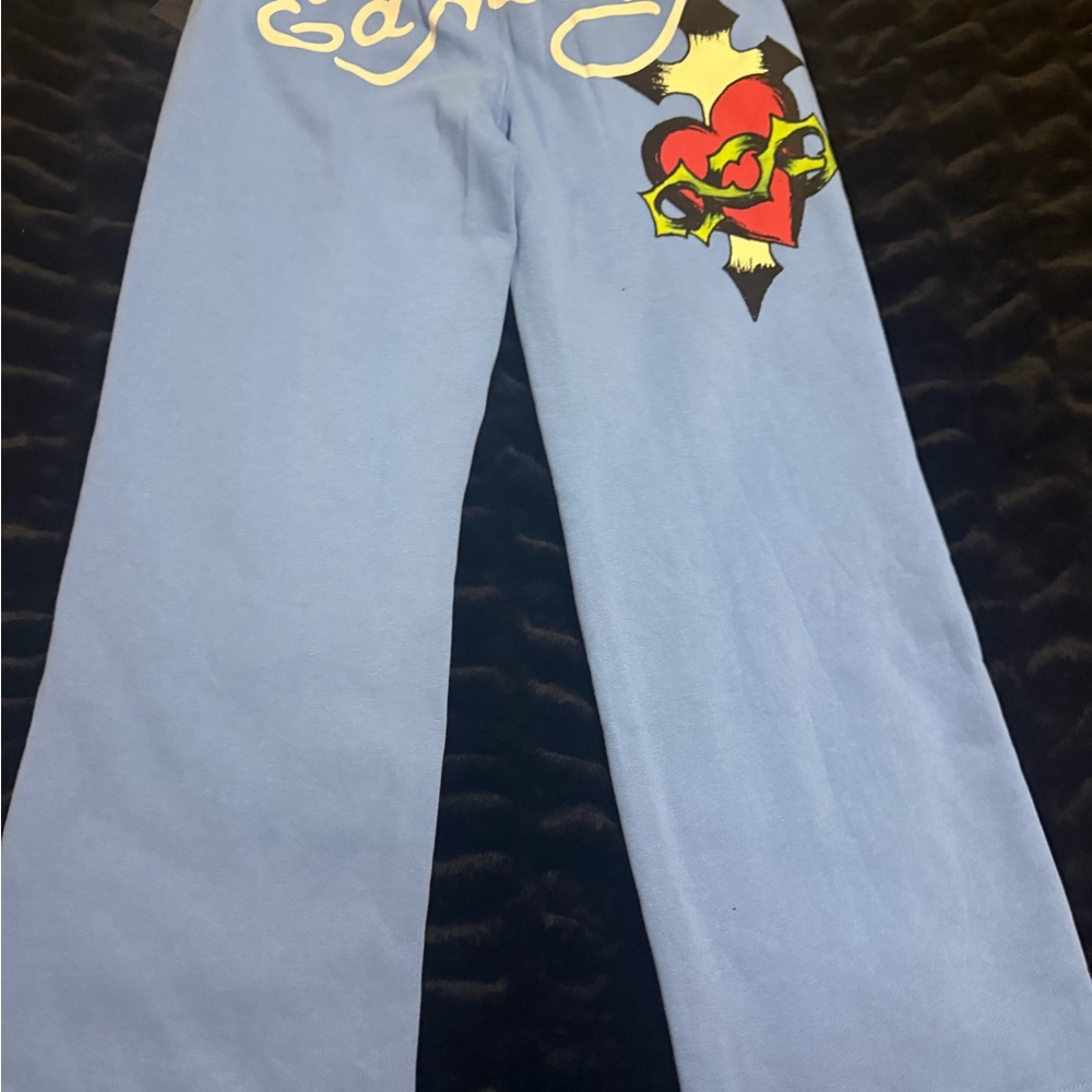Ed Hardy Powder Blue Wide Leg Jeans with Red Heart Graphic